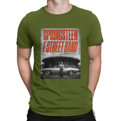 Poster T Shirt Men's 100% Cotton Novelty T-Shirts Crewneck Bruce The E Street Band Springsteen Tee Shirt Short Sleeve Tops army green