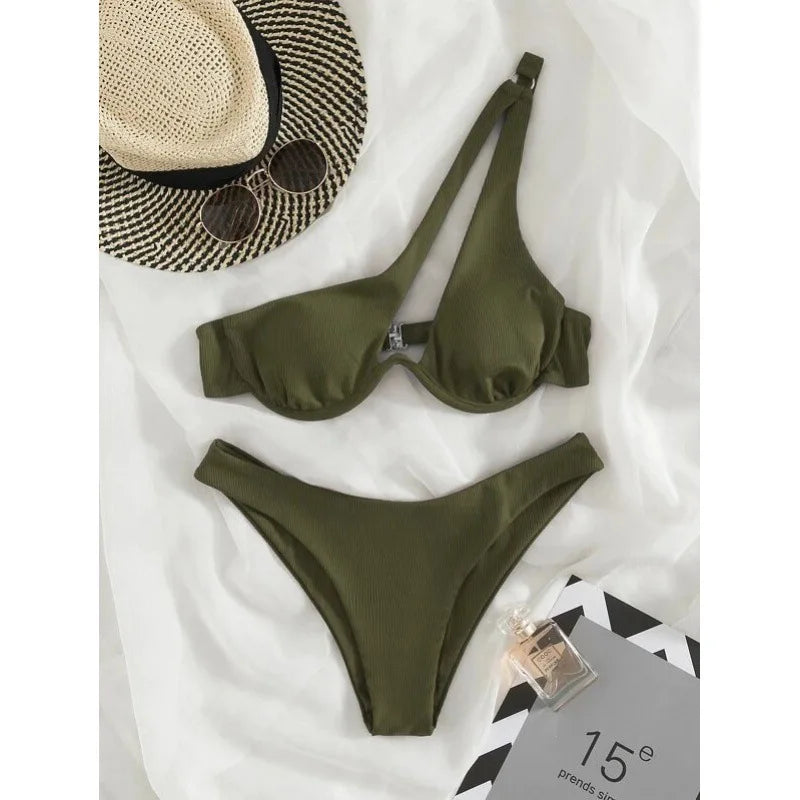 2023 One Shoulder Bikini Set Sexy Bikinis Swimsuits Cut Out Women's 2 Peices Swimwear Biquini Summer Bathing Suits Push Up Beach Army Green