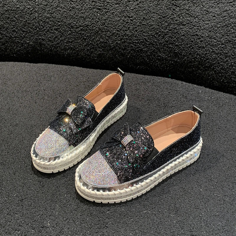 Fashion Women Shoes Shining Rhinestone Loafer Bowknot Slip-on Thick Botton Casual Ladies Crystal Female Platform Sneakers Sports