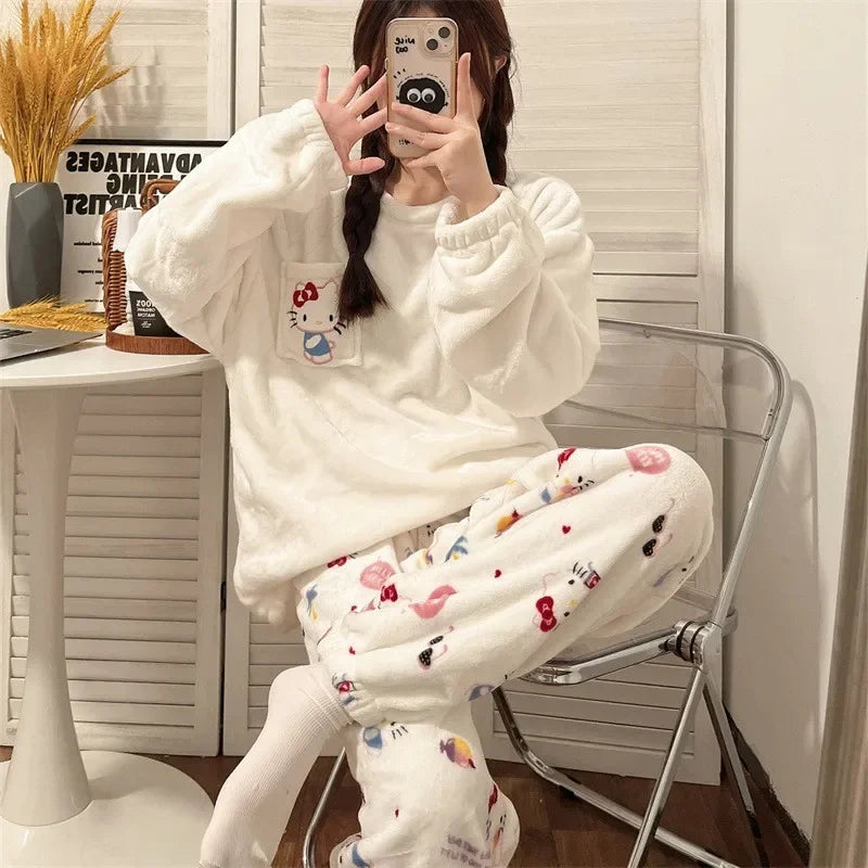 Kawaii Hello Kitty 2Pcs Plush Pajama Set Sanrioed Pochacco Cartoon Anime Winter Women Homewear Winter Thicken Girls Keep Warm