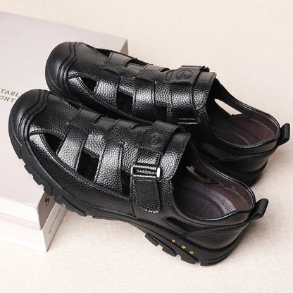 2023 New Summer Men Comfort Sandals Hollow Out Breathable Genuine Leather Casual for Driving Beach Vacation Soft Sole Men Sandal Black