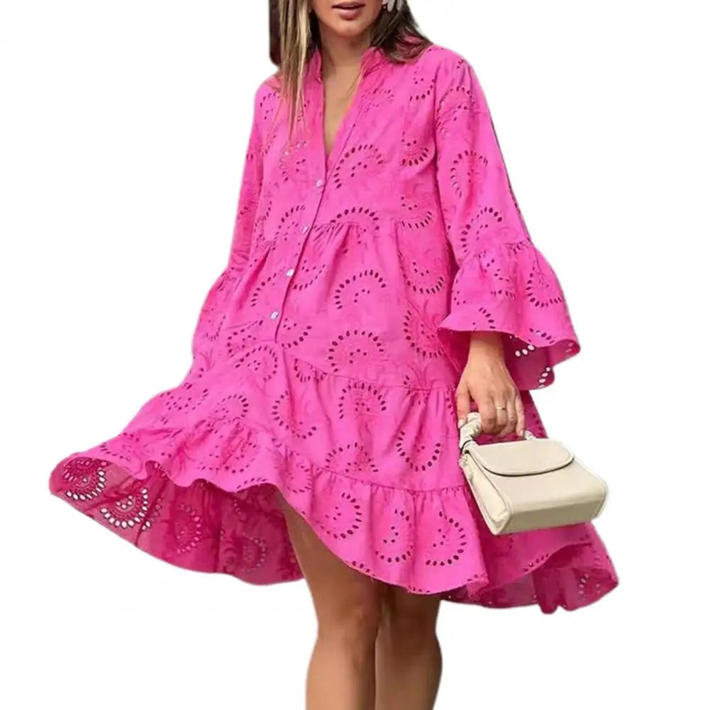 Women's Summer Vintage Lace Dress Loose Elegant Lady Style Dress Stand Collar Puff Sleeve Dress Stylish A-line Dress Lady Supply Red