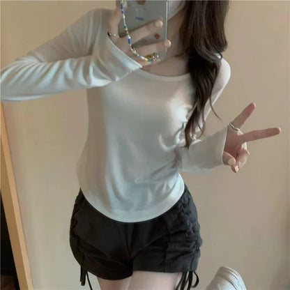 Square Neck Long Sleeve T-Shirt Women Spring Autumn New Irregular Hem Slim Casual Top Winter Solid Bottom Shirts New Korean