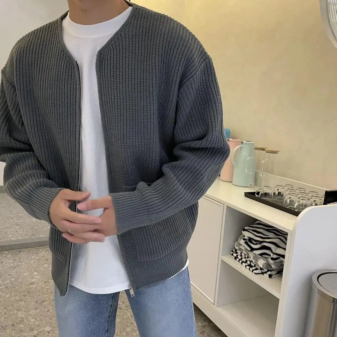 Men's Solid Color Slim-Fit Cardigan Zipper Sweater Autumn and Winter Sweater Coat Top Men Long Sleeve Stand Collar Sweater Coat