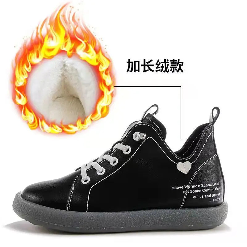 2023 New Women Genuine Leather Sneakers Spring High-top Casual Shoes Autumn First Layer Cowhide Ladies High Top Vulcanized Shoes Black with fur