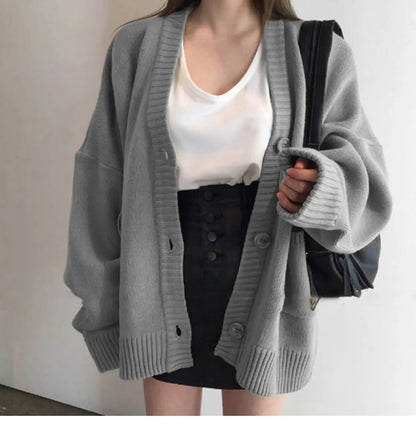 2024 Autumn Women's Sweater Fashion V-neck Vintage Knitted Cardigan Korean Loose Solid Sweaters Female