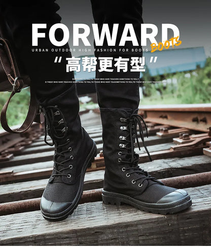 Mid-calf Men Canvas Boots Lace Up Tactical Men Shoes High top Sneakers Military Boots Work Shoes Jungle Mountaineering Shoes Men