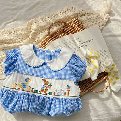 Summer Animal Embroidery Plaid Girl's Dress Lace Edge Doll Lapel Bubble Sleeve Children'S Dress Cute Plaid Baby Kids Clothing