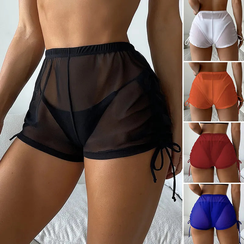 Women Sheer Mesh Bikini Shorts Beach Cover Up Solid Color Sheer Mini Swimming Suits Drawstring Holiday Bathing Beachwear