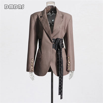 High Street Women's Suit Jacket, Fashionable Belt Notched Jacket for Women, Regular Fit Autumn Outfit