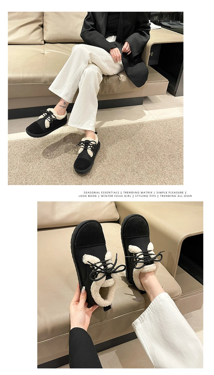 Fashion khaki Winter Shoes Women Low-cut Plush Flat Shoes for Women Non-slip Outdoor Female Cotton Shoes Cozy Fur Ladies Loafers