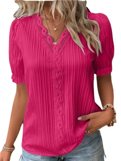 2024 Summer New Women's Blouse Top Solid Sexy V-Neck Hollow Short Sleeve Fashion Splice Plus Size Loose Street Apparel Shirt