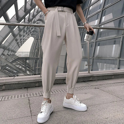 Korean Fashion Casual Suit Pants 2024 Spring New Men Slim Fit Classic Harem Pants Simple Wild Vintage Loose Solid Black Trousers Beige