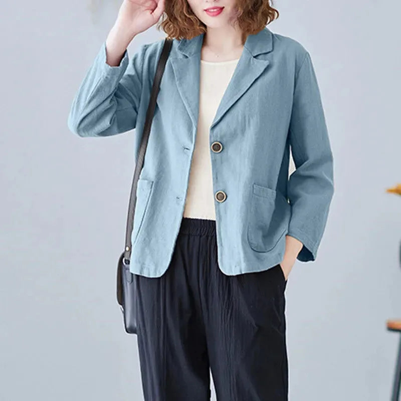 2023 Spring Summer Short Coat Cotton And linen Blazer Suit Collar Jacket Women's Casual Solid Color 3/4 Sleeves Shirt Cardigan Blue