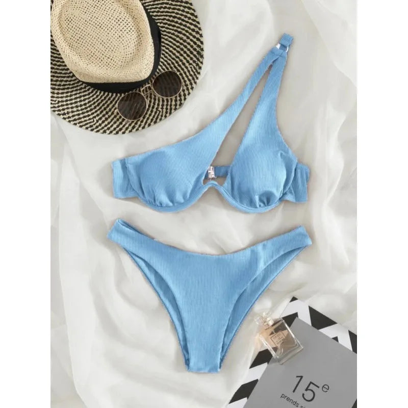 2023 One Shoulder Bikini Set Sexy Bikinis Swimsuits Cut Out Women's 2 Peices Swimwear Biquini Summer Bathing Suits Push Up Beach Blue