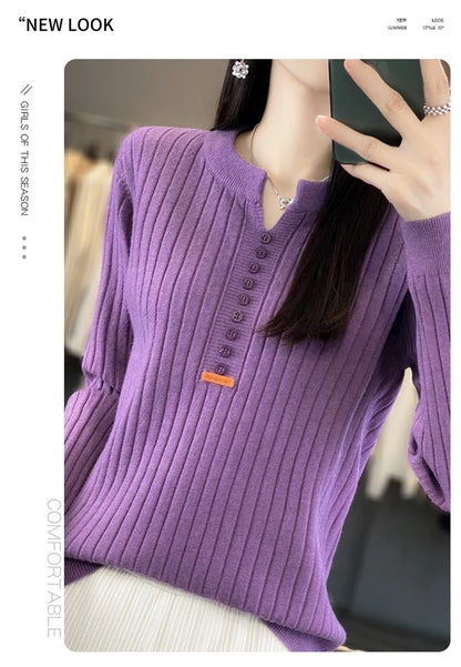 Women's Sweater Autumn/Winter New Solid Color Knitwear V-Neck Pullover Ladies Clothes Fashion Blouse Korean Style Loose Tops