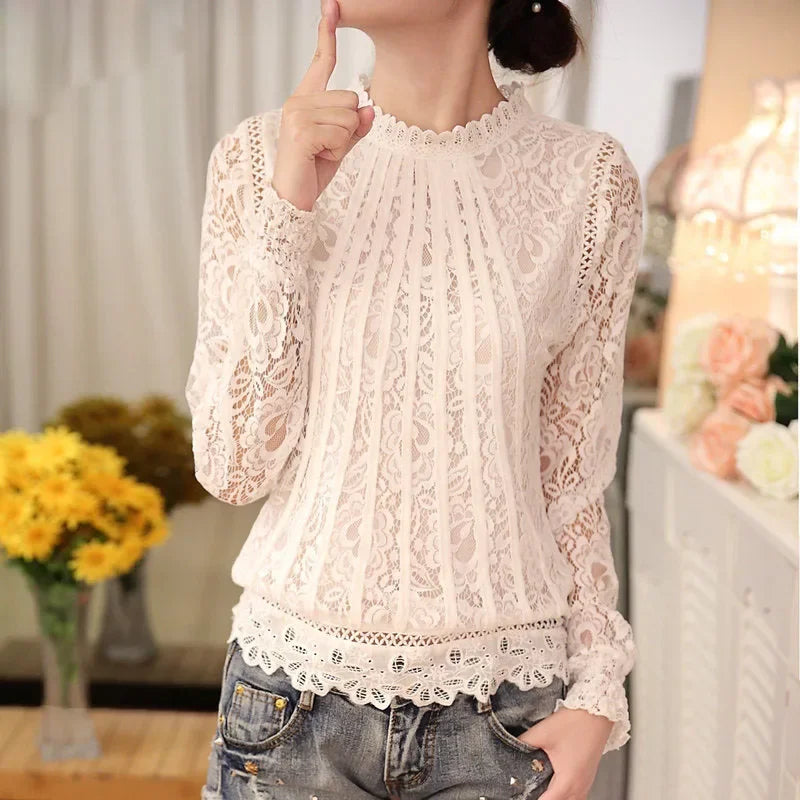 Summer Casual White Lace Clothing Fashion Long Sleeve New Tops Shirts for Women Elegant Black O-neck Ladies Blouse Blusas 51C