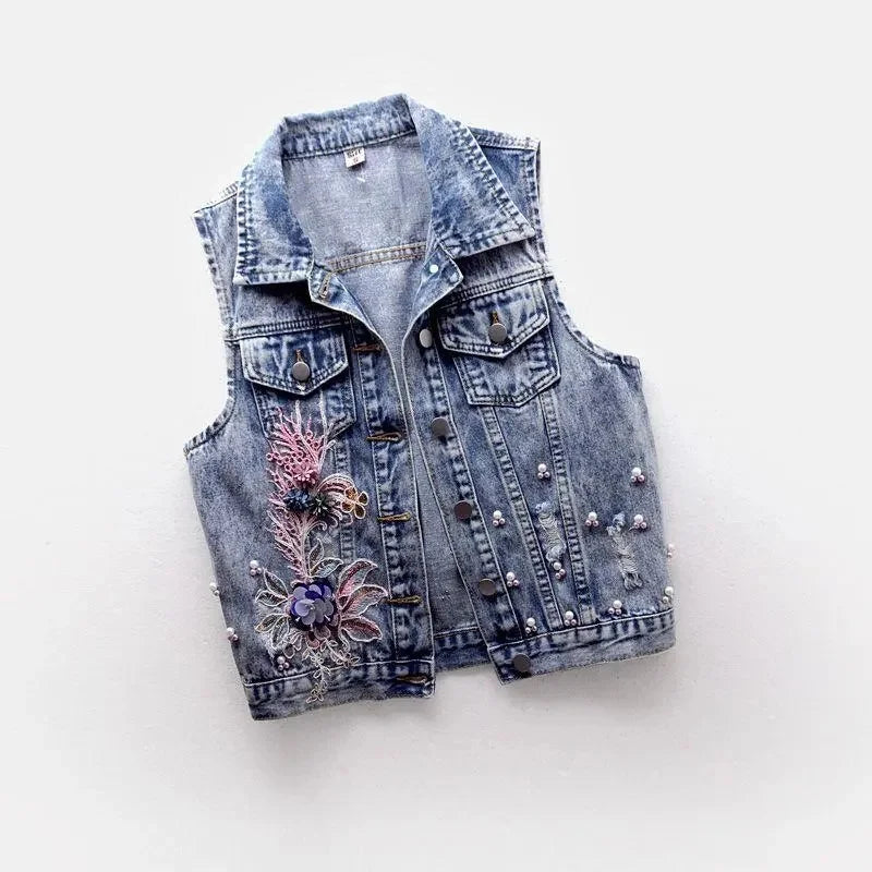 2024 Student Vest Slim Short Jacket Embroidery Flowers Sleeveless Denim Vest Women's Beaded Waistcoat Hole Jeans Vest Coat Girl