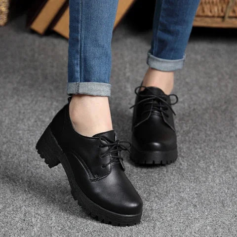 Spring\winter British Style Split Leather Women Square Heel Flat Platform Shoes Woman Lace-up Oxford Shoes for Women black