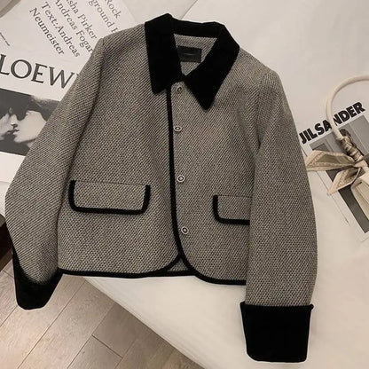 Women's 2022 New Autumn And Winter Plush Thickened Suit Coat Short Fashion Loose Versatile Grey Splice Casual Female Blazers