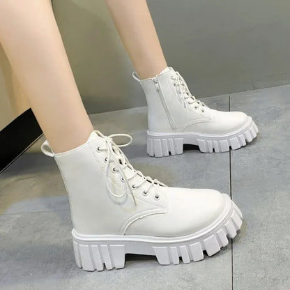 Rimocy Chunky Platform White Ankle Boots Women Autumn Winter Pu Leather Combat Booties Mujer Punk Thick Bottom Motorcycle Boots