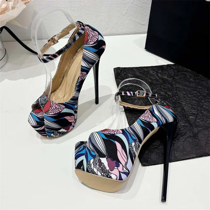 Eilyken Designer Print Peep Toe Ultra Thin High Heels Women Pumps Sexy Pole Dancing Ankle Buckle Strap Ladies Shoes