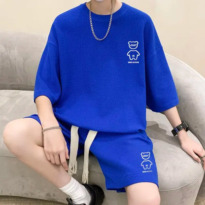 Korean Fashion Men Short Sets Hip Hop Rock Casual Short Suit Funny Bear Tshirts Shorts 2 Piece Set Summer Tracksuit Men 2023 New