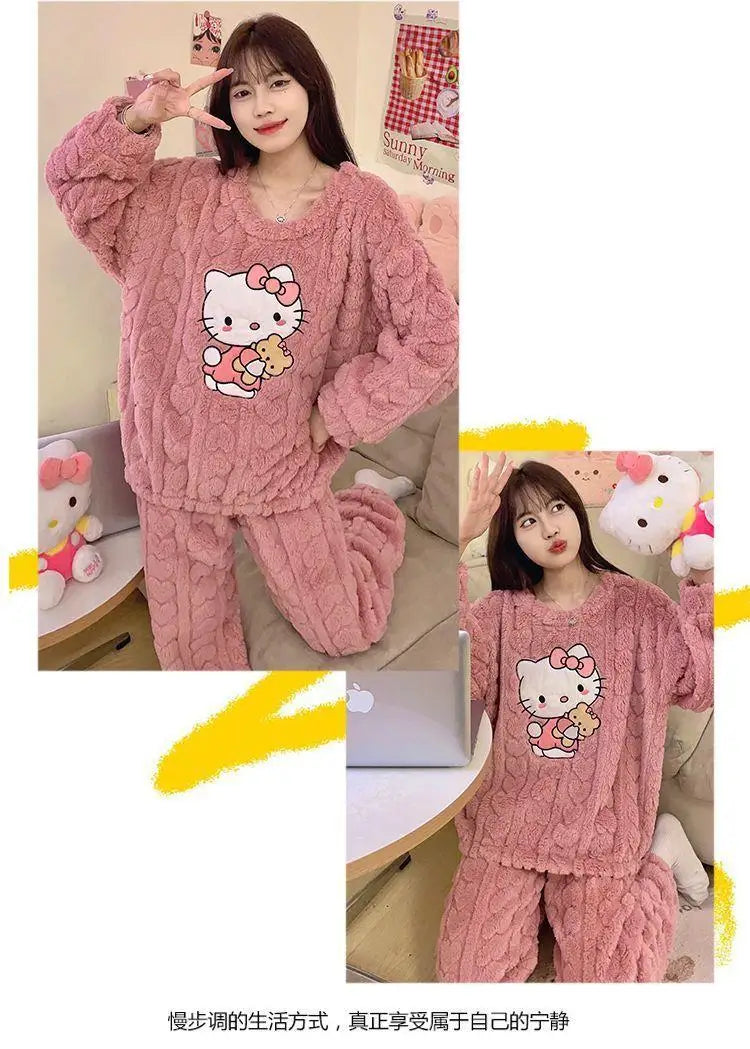 Kawaii Hello Kitty 2Pcs Plush Pajama Set Sanrioed Pochacco Cartoon Anime Winter Women Homewear Winter Thicken Girls Keep Warm