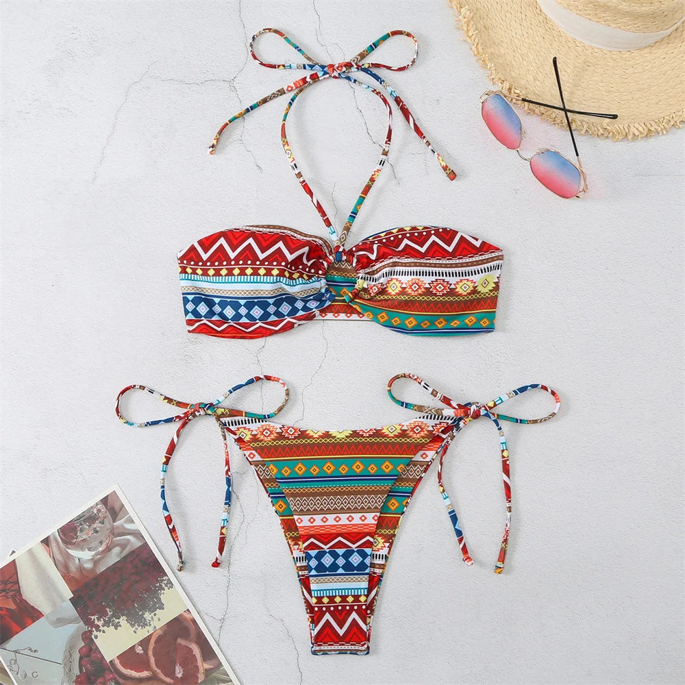 Boho Print Bikini Halter String Bandeau Swimsuit Separate Retro Trend Swimwear Y2K Beach Micro Tanga Women Vacation Bathing Suit