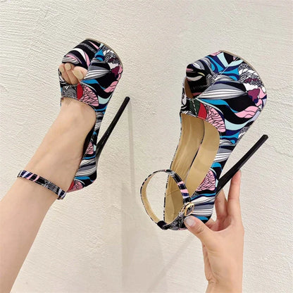 Eilyken Designer Print Peep Toe Ultra Thin High Heels Women Pumps Sexy Pole Dancing Ankle Buckle Strap Ladies Shoes