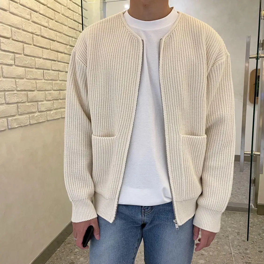 Men's Solid Color Slim-Fit Cardigan Zipper Sweater Autumn and Winter Sweater Coat Top Men Long Sleeve Stand Collar Sweater Coat