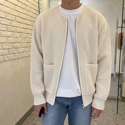 Men's Solid Color Slim-Fit Cardigan Zipper Sweater Autumn and Winter Sweater Coat Top Men Long Sleeve Stand Collar Sweater Coat