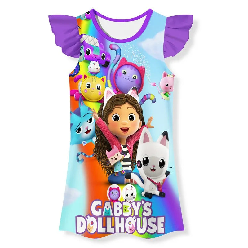 Gabby's Dollhouse Clothes Baby Girls Short Sleeve Pajamas Dress Kids Cartoon Gabby Cats Nightgown Child Party Princess Vestidos