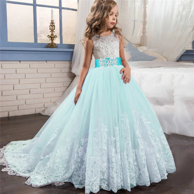 Girls Christmas Dress For Kids Wedding Evening Party Bridesmaid Long Dress Prom Gown Children Teenager New Year Princess Costume blue 03