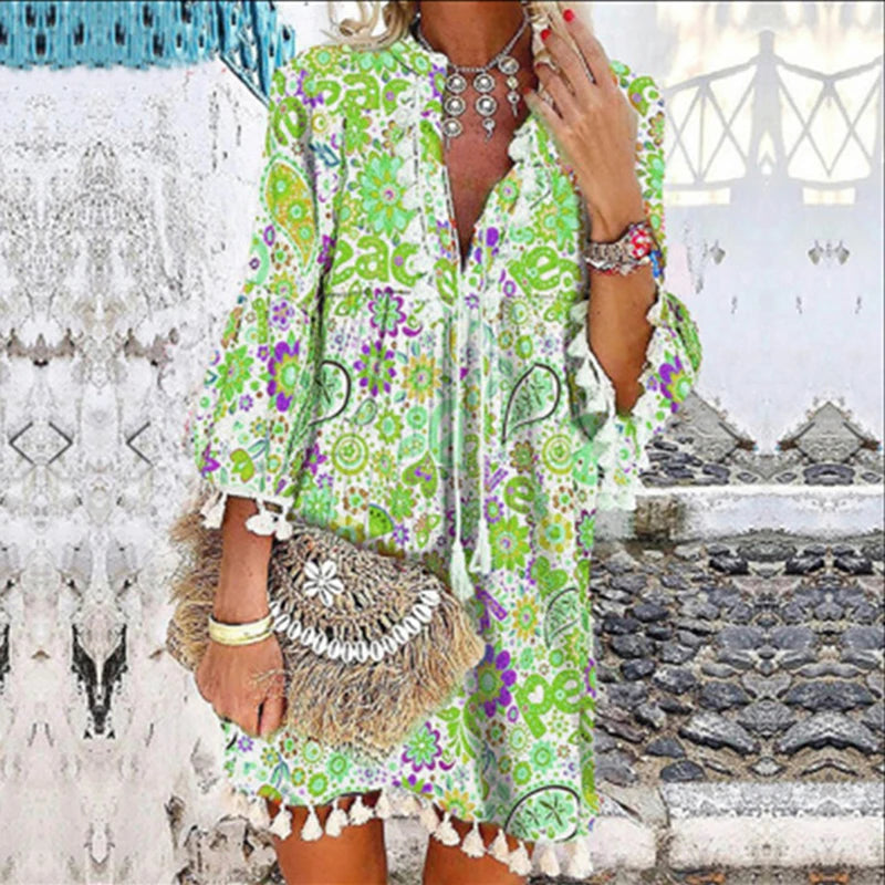 Women Vintage Print V Neck Tassel Mini Dress Casual Loose Three Quarter Sleeve Beach Dress 2024 Spring Summer Party Dress Femme 13