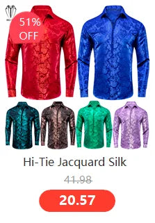 Hi-Tie Gold Luxury Mens Shirts Silk Jacquard High Quality Long Sleeve Lapel Shirt Casual Formal for Male Wedding Business Gifts