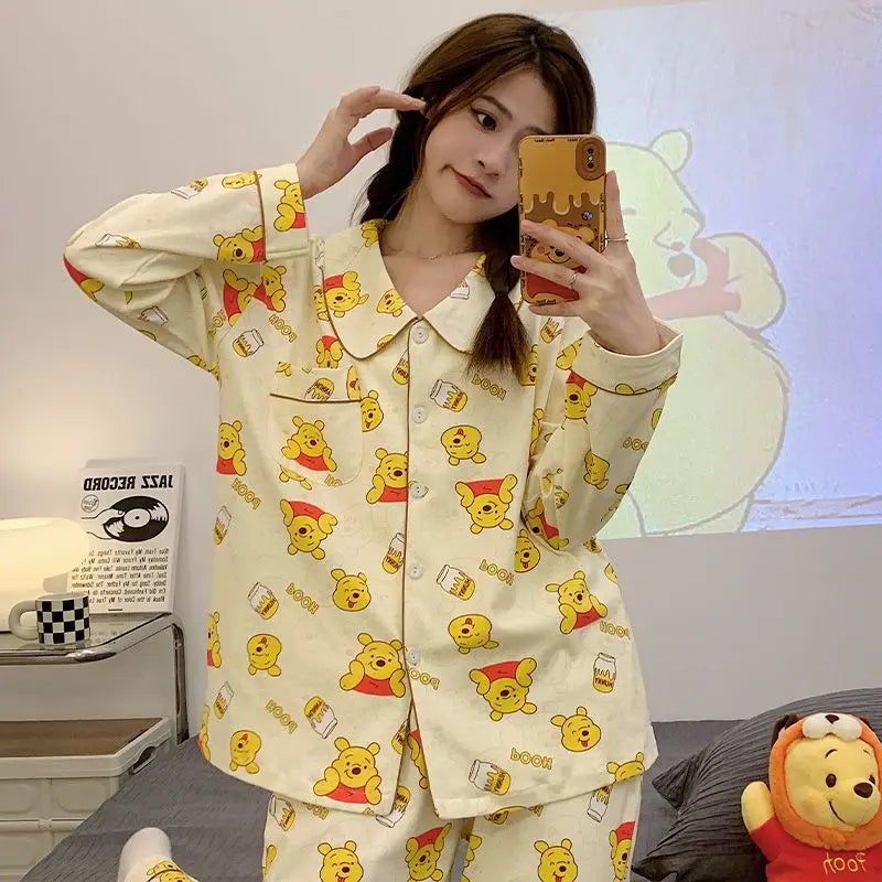 Elegant Winnie The Pooh Bear Cute Pajamas Women Spring Autumn Long Sleeve Sleepwear Fashion Kawaii Loose Cartoon Home Clothes Y2k