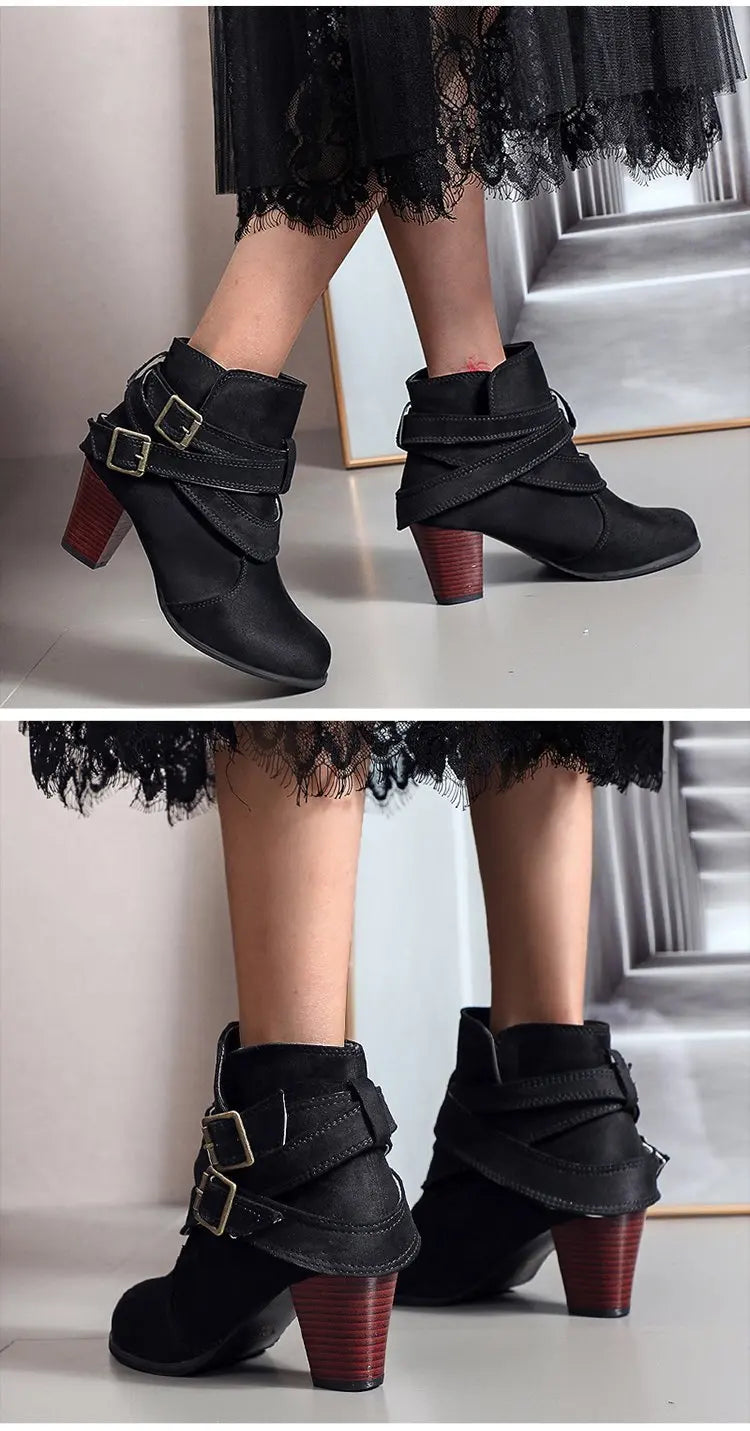 Maogu Buckle Casual Ladies Shoes Female Chelsea Short Boot Chunky Heel Autumn Footwear 2024 Vintage Women High Heels Ankle Boots