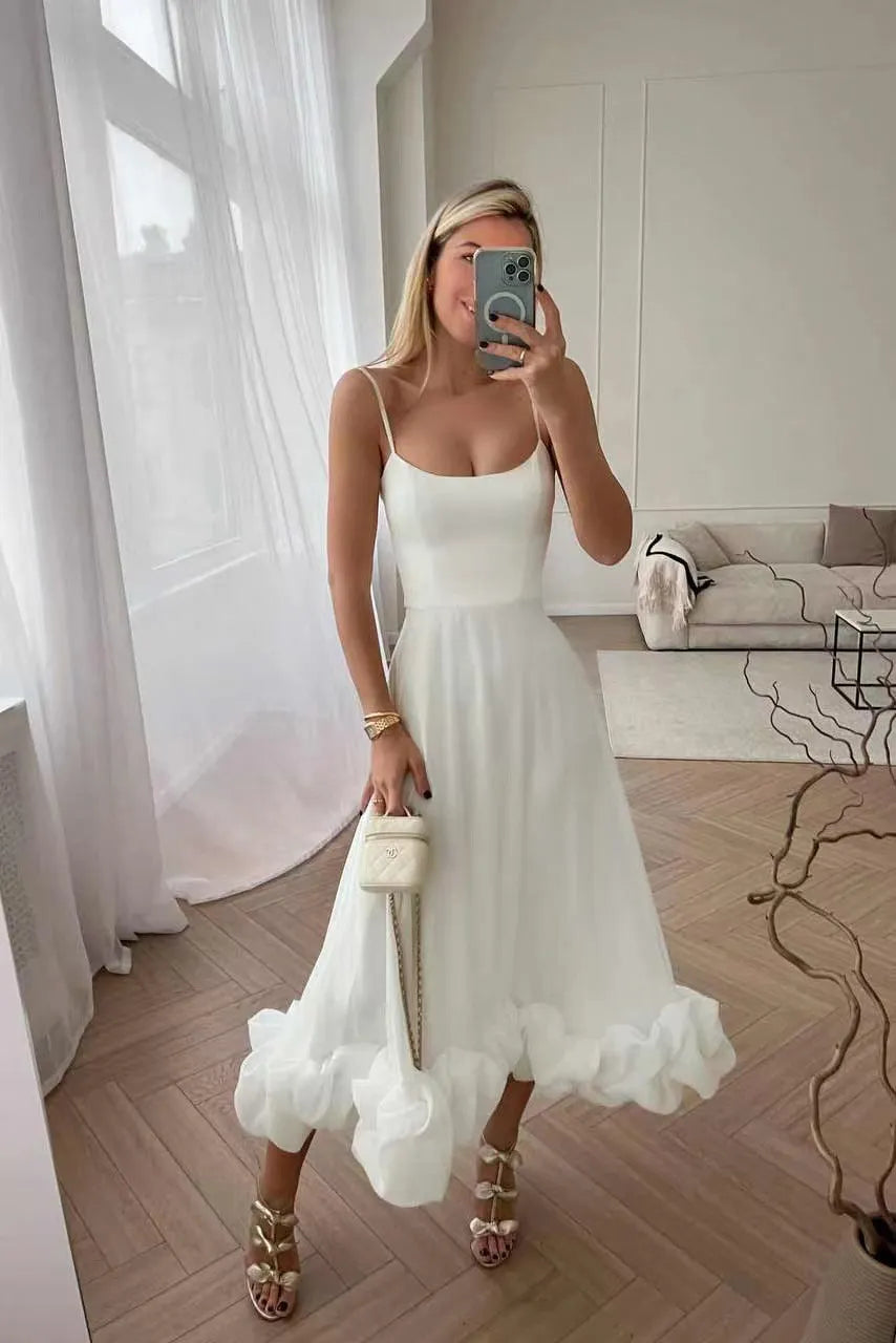 Elegant Ruffle Solid Sling Long Dress Women Strap Waist Party Dresses Fashion Sleeveless Backless Beach Swing skirt A-line tutu WHITE