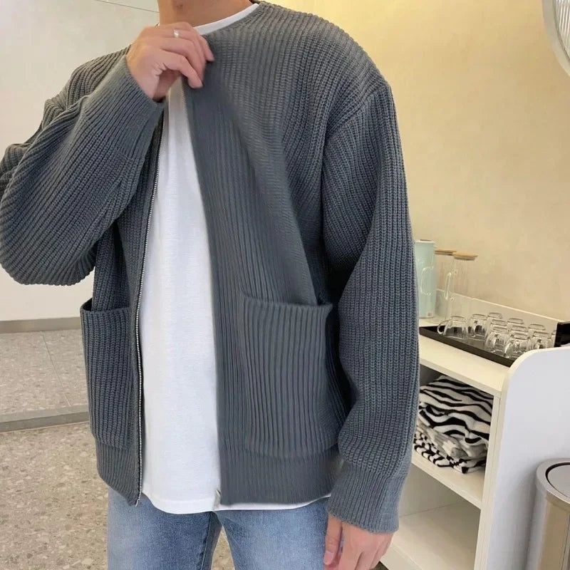 Men's Solid Color Slim-Fit Cardigan Zipper Sweater Autumn and Winter Sweater Coat Top Men Long Sleeve Stand Collar Sweater Coat