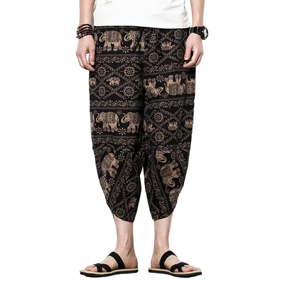 Harajuku Summer Loose Calf Length Casual Pants Men Wide Leg Cotton Linen Printing Baggy Pants Oversize Men's Trousers Black CHINA