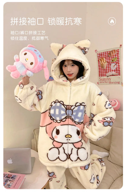 Sanrio Cartoon Hello Kitty Pajamas Female Flannel autumn Winter New Plus Thicken Velvet Sweet Keep Warm Pajamas set leisure wear