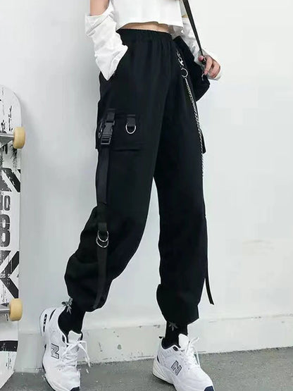 ZOKI Gothic Women Cargo Pants Black Joggers High Waisted Harajuku Harem Pants Punk Goth Techwear Chain Trousers Female Hip Hop