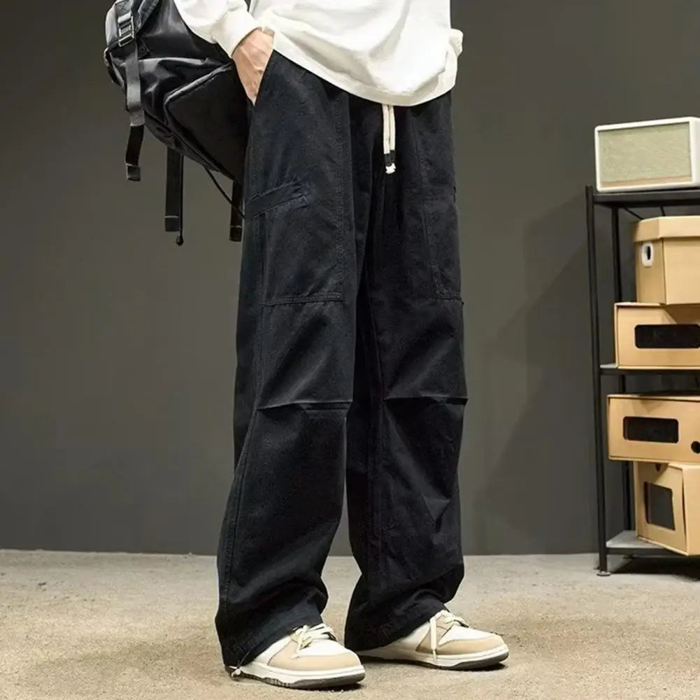 Adjustable Drawstring Trousers Streetwear Cargo Pants with Multi Pockets Elastic Waist for Fall Spring Wide Leg Loose for Hop