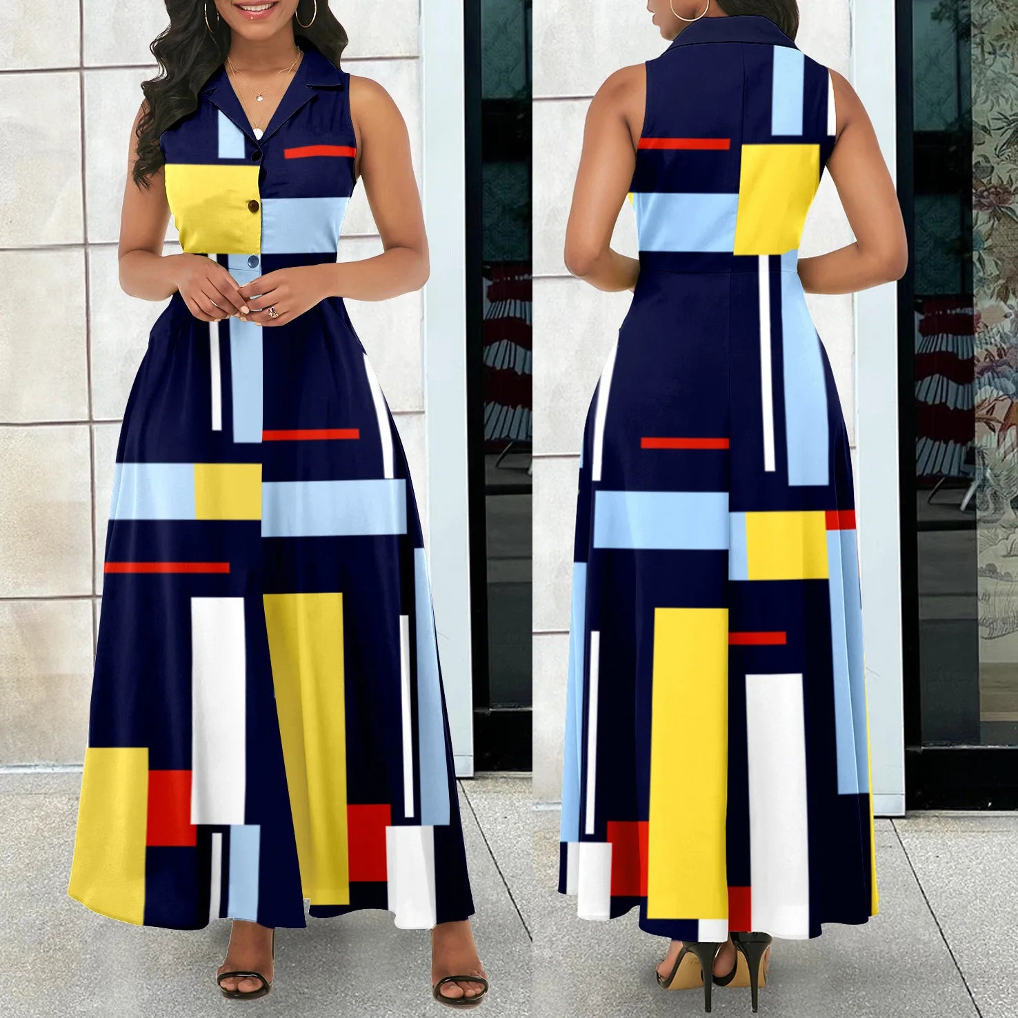 Women Elegant Geometric Printing V-neck Sleeveless Button Dress Temperament Commuter Office Summer Retro Vestidos Dress navy blue