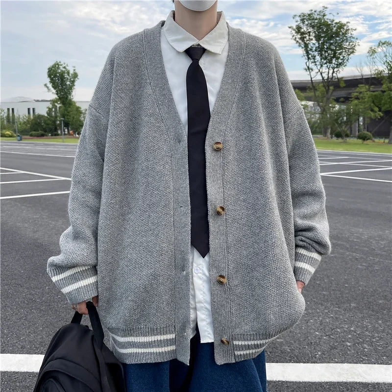 2024 British Retro Cardigan Sweater New Korean Harajuku Academic Knitted Sweater Pullover Hip Hop Streetwear Loose Knitwear Tops