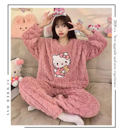 Kawaii Hello Kitty 2Pcs Plush Pajama Set Sanrioed Pochacco Cartoon Anime Winter Women Homewear Winter Thicken Girls Keep Warm