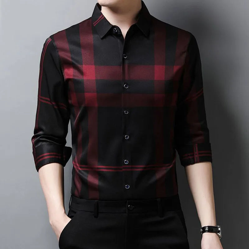 Fashion Men Casual Plaid Shirts Spring Autumn Streetwear Loose Long Sleeve Lapel Male Clothing Basic Business Bottoming Blouse 98 Red