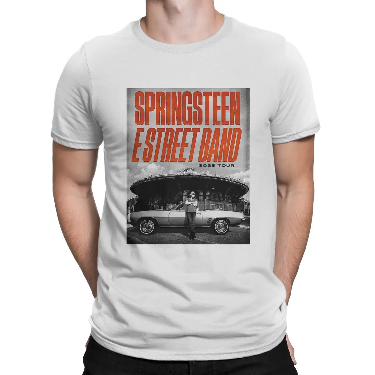 Poster T Shirt Men's 100% Cotton Novelty T-Shirts Crewneck Bruce The E Street Band Springsteen Tee Shirt Short Sleeve Tops WHITE