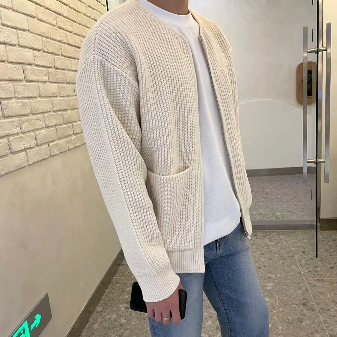 Men's Solid Color Slim-Fit Cardigan Zipper Sweater Autumn and Winter Sweater Coat Top Men Long Sleeve Stand Collar Sweater Coat